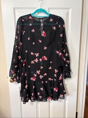 Eliza J Black Floral Ruffle Dress with Pink Print